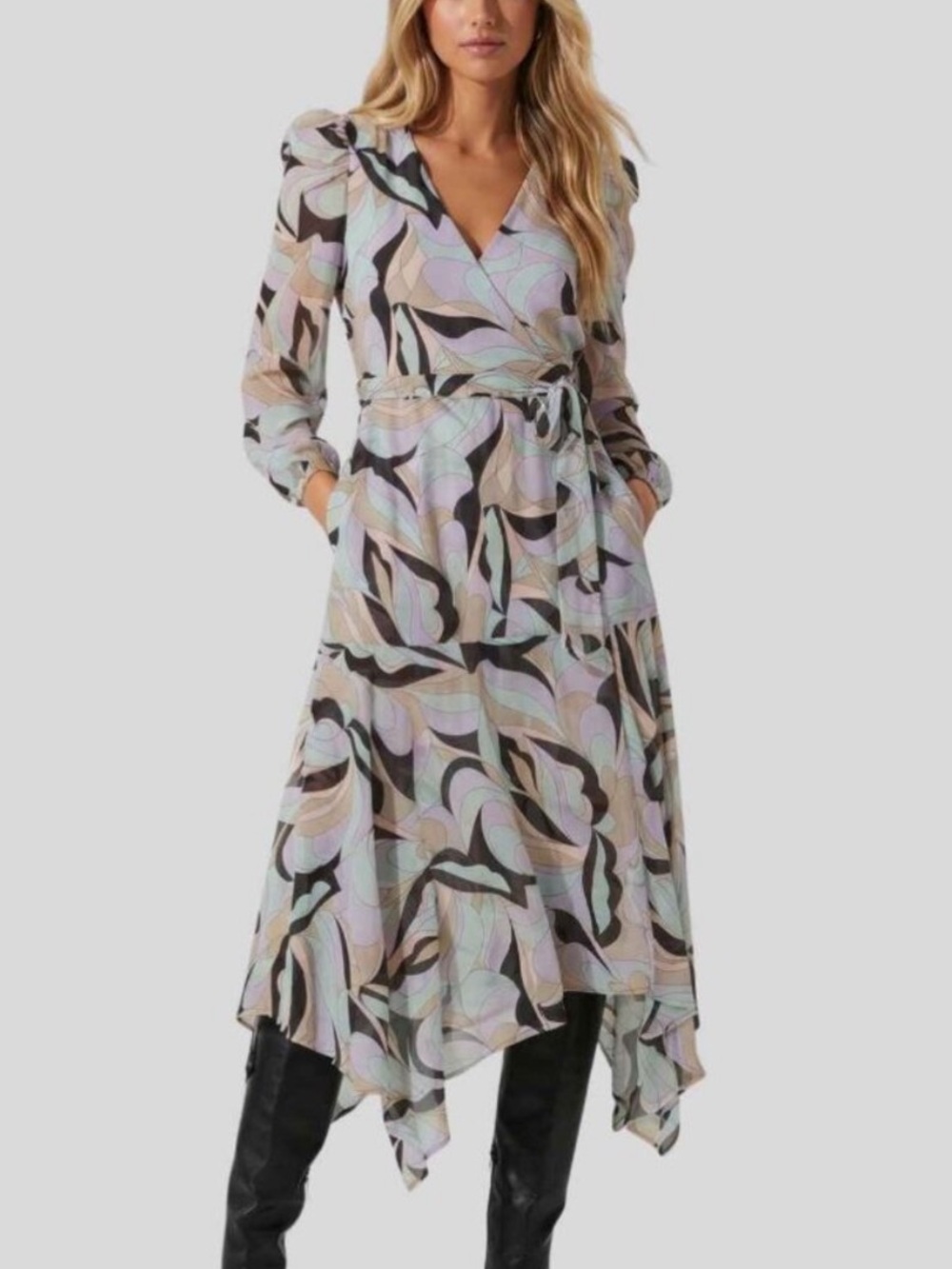 Calvin Klein Purple Multi Printed Puff Shoulder Wrap Midi Dress 14 39913